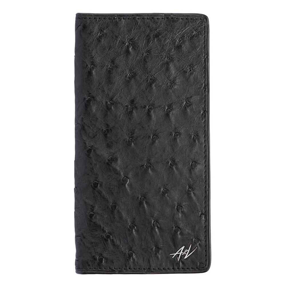 Minimalist Ostrich Leather Long Wallet – Luxury Feel - Raven Color